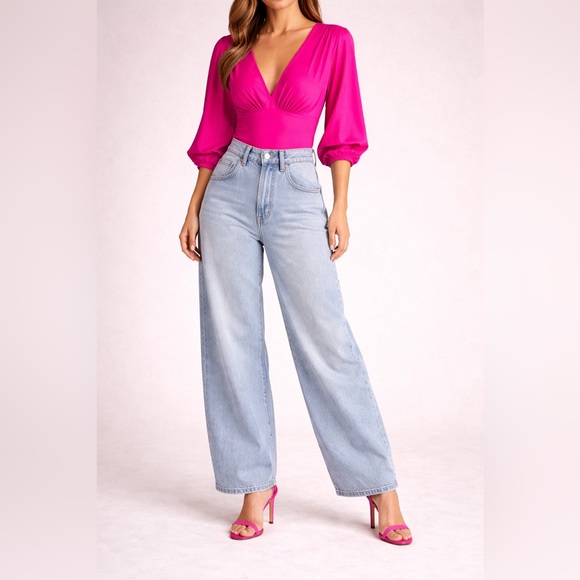 Express Tops - Express pink long-sleeve v-neck bodysuit